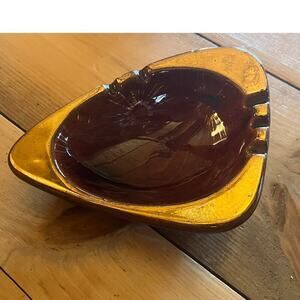 Vintage Ceramic Ashtray. MCM. Art Deco. Golds/Brown. marked USA. bar decor